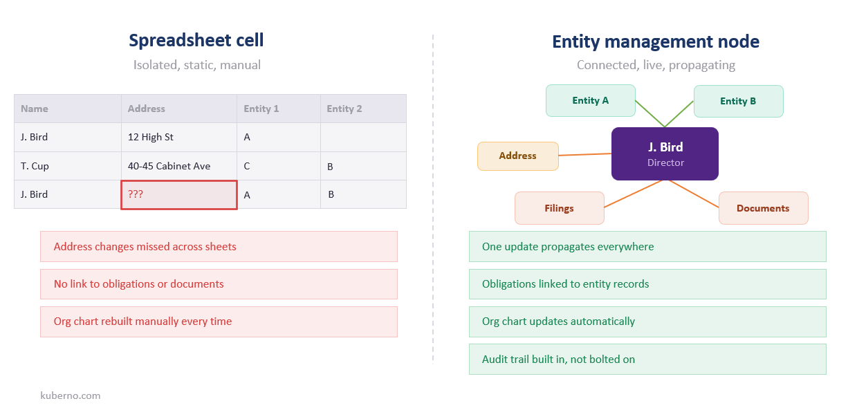 side-by-side comparison of a Director entry as a single line in a spreadsheet, versus a node in an entity management software.