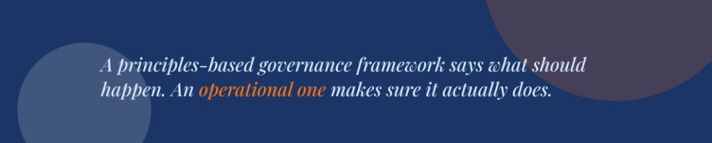 An image of the quote: A principles-based governance framework says what should happen. An operational one makes sure it actually does.